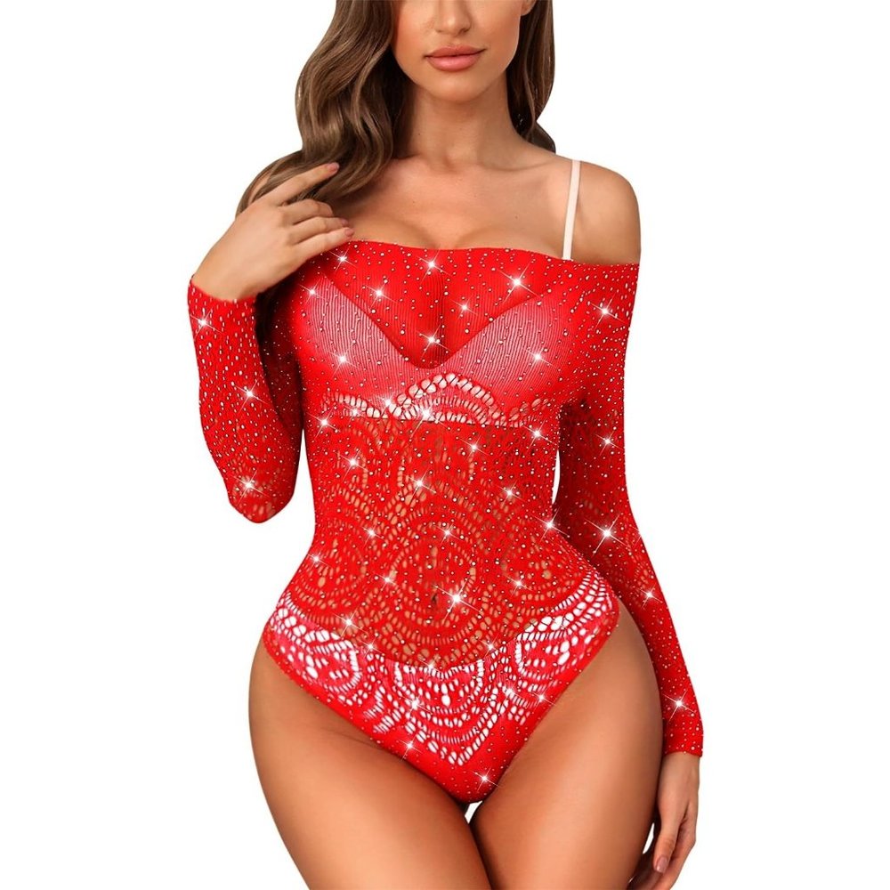 Women Red Rhinestone Sparkle Fishnet Sexy Mesh Teddy Bodystocking Dress